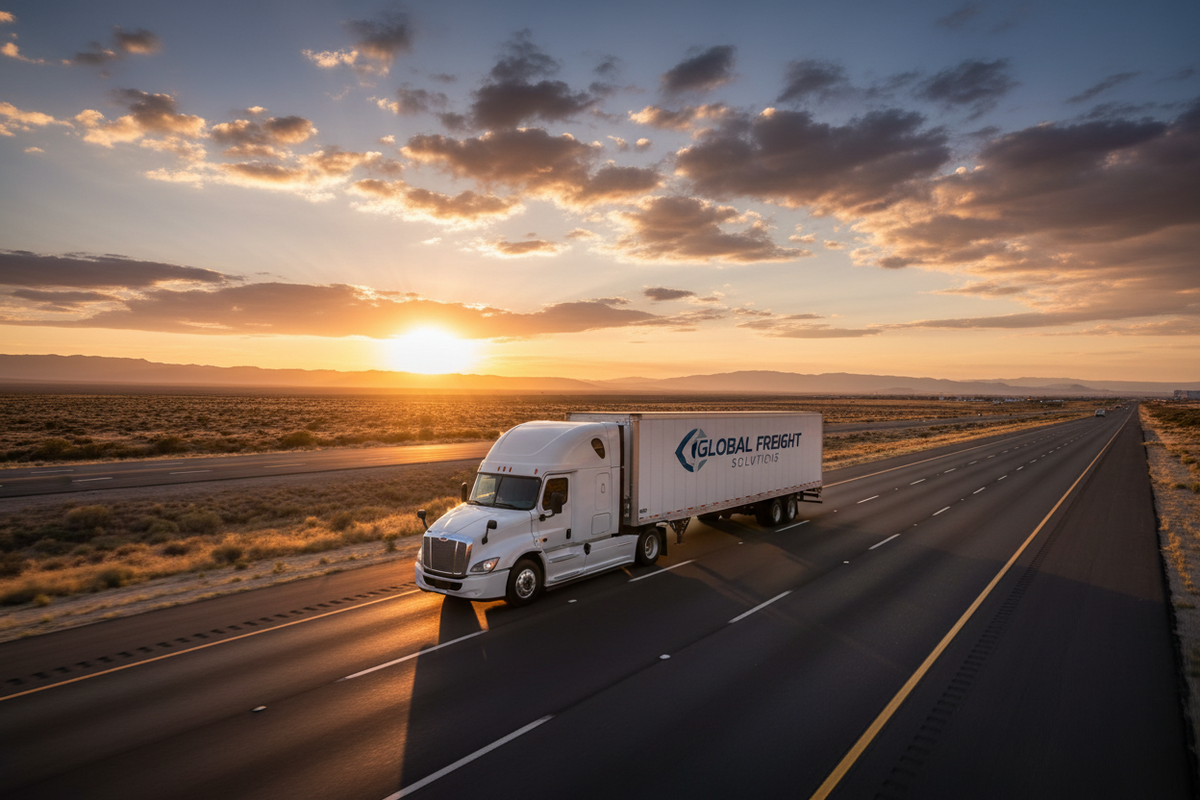 Dry van truck traveling on a highway